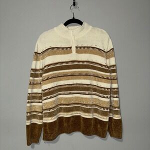 Vintage Alfred Dunner Womens Striped Quarter Zip Sweater Pullover Cream Brown XL